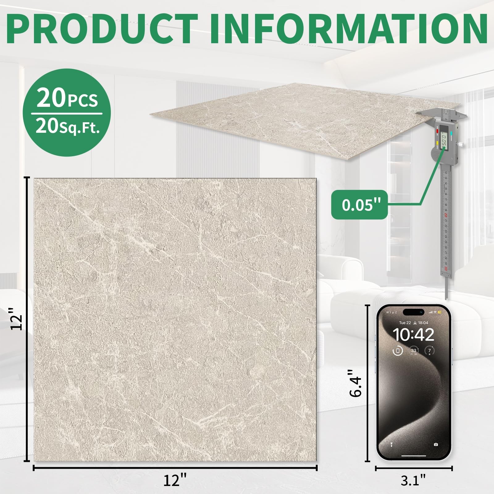 20 Pack Cover 20 Sq.Ft Peel and Stick Floor Tiles, 12” x 12” Self Adhesive Vi…