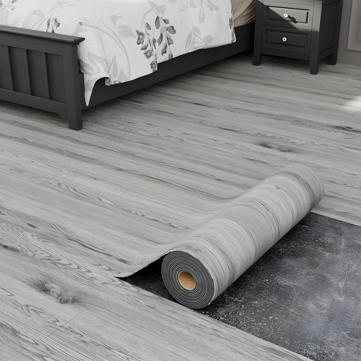 Peel & Stick Vinyl Flooring Roll 23x393in 64 SqFt Grey Wood Waterproof Self