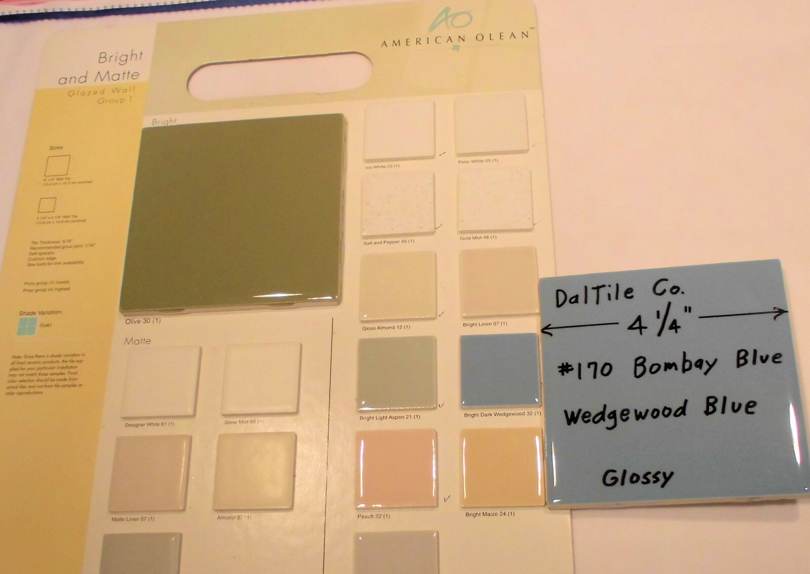 1 pc. Wedgewood Blue – Daltile Co.; Bombay 4-1/4″ Glossy Ceramic Tile; New