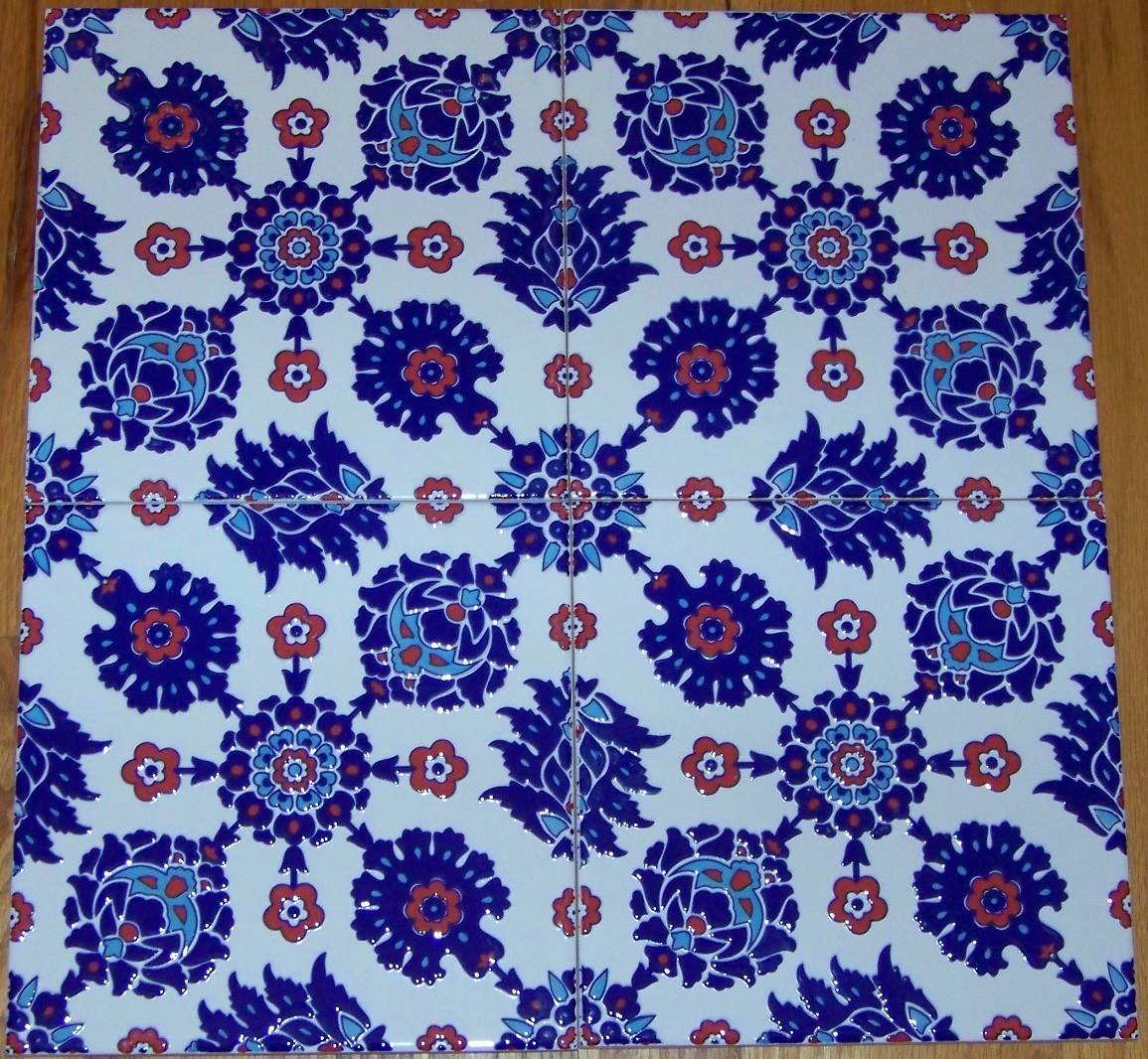 Blue & Red 16″x16″ Turkish Iznik Daisy & Carnation Pattern Ceramic Tile