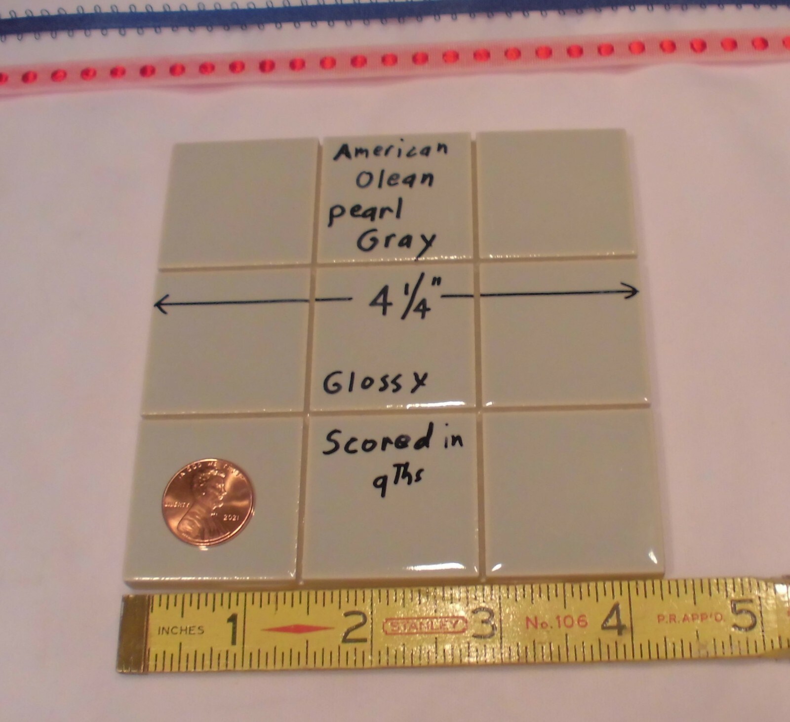 1 pc. *Pearl Gray* 4-1/4″ Scored 9ths Glossy Ceramic Tile by American Olean Co.