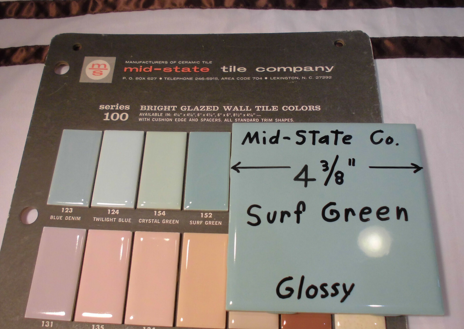 1 pc. Vintage Ceramic Tile *Surf Green* 4-3/8″ by Mid-State Tile Co. (NOS)