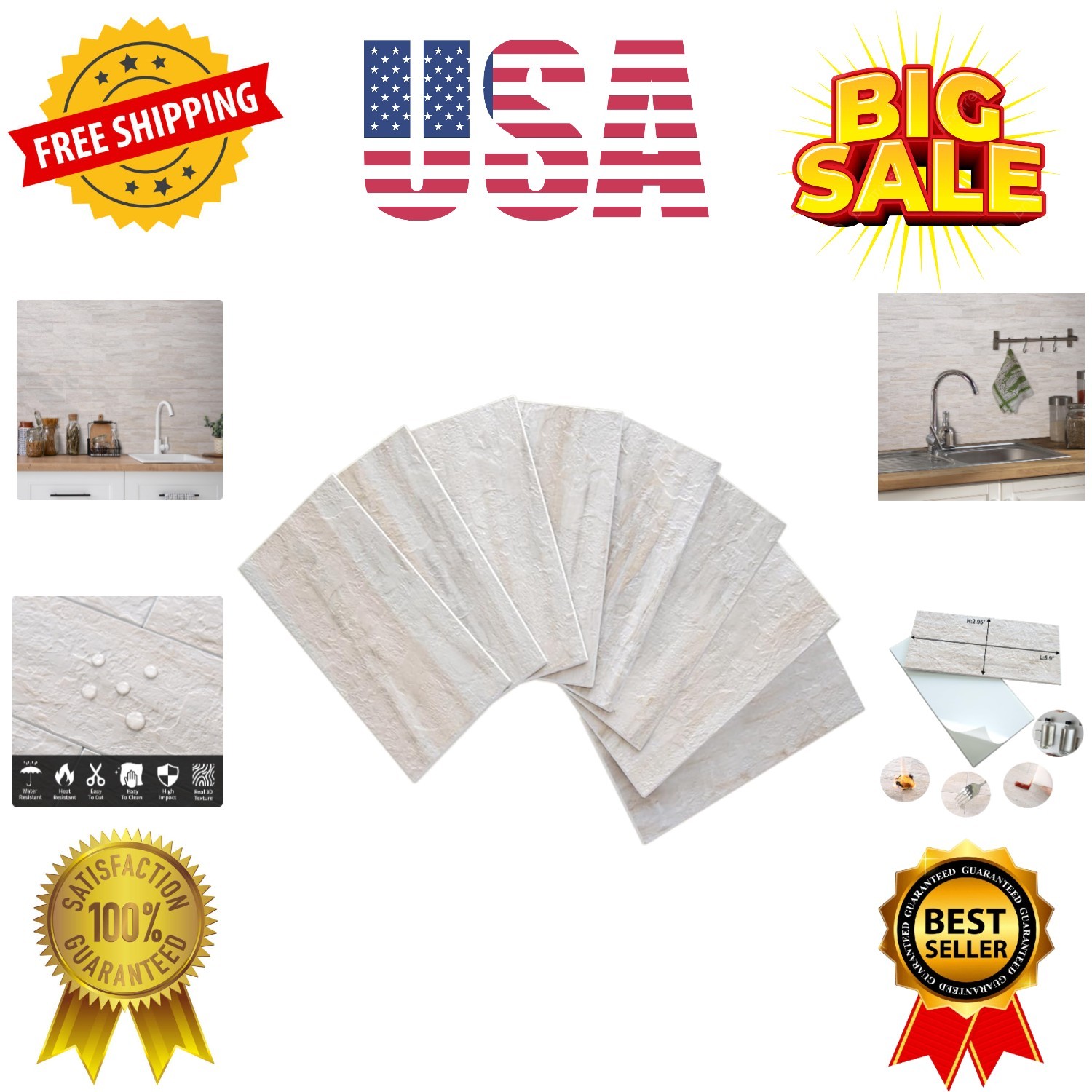 4-Piece Beige Slate Peel and Stick Backsplash Wall Tiles, 3″ x 6″ PVC Faux St…