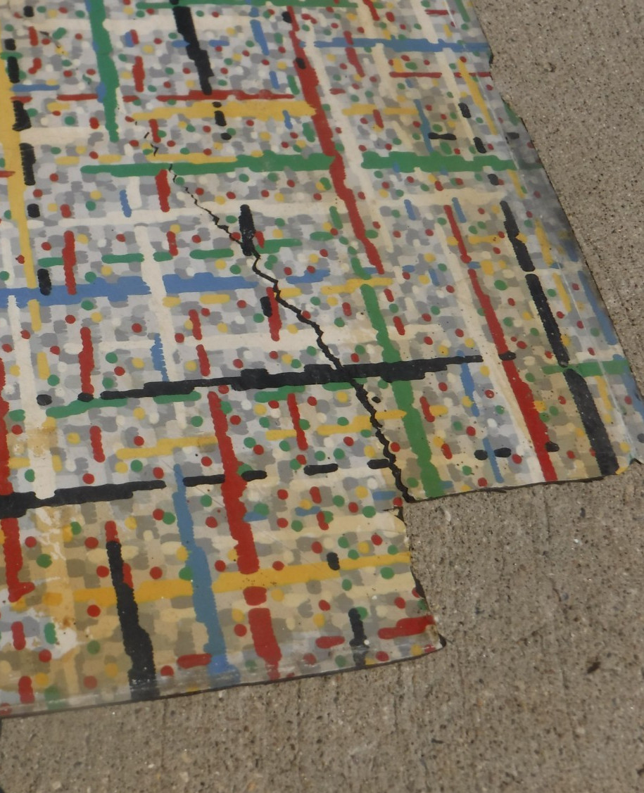 VTG~LINOLEUM FLOORING~L PIECE~45″x 60″~1950-60~MOVIE SET~MCM~GRAY GRID~PRIMARY E