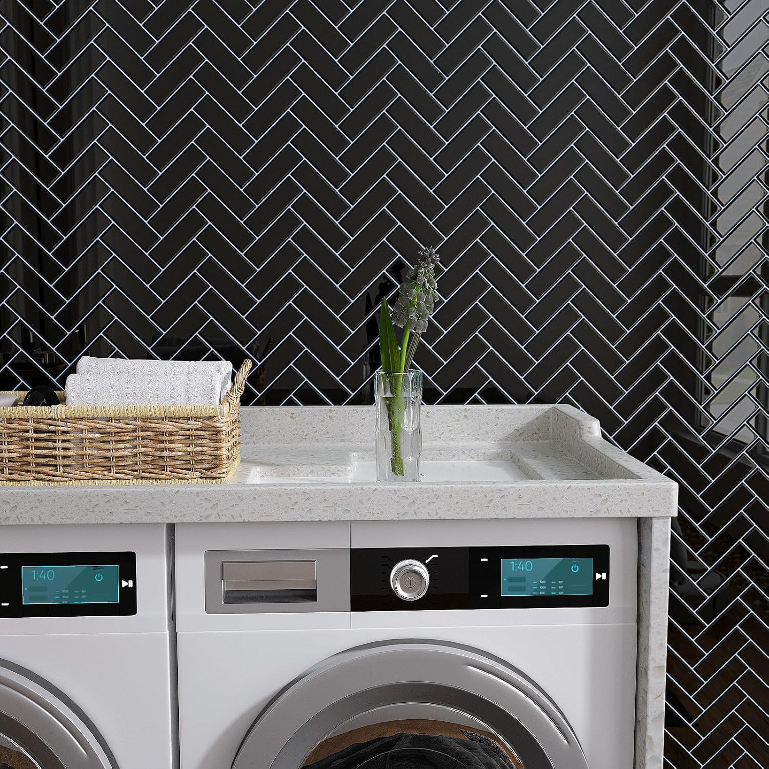 20 Sheets Black Herringbone Peel and Stick Backsplash Tiles 12″x12
