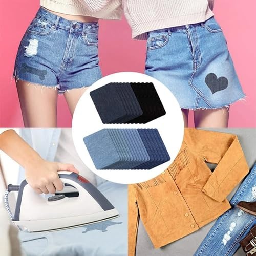 Denim Iron-On Patches, 30 Pcs Assorted Shades Fabric Repair Patches, Heat