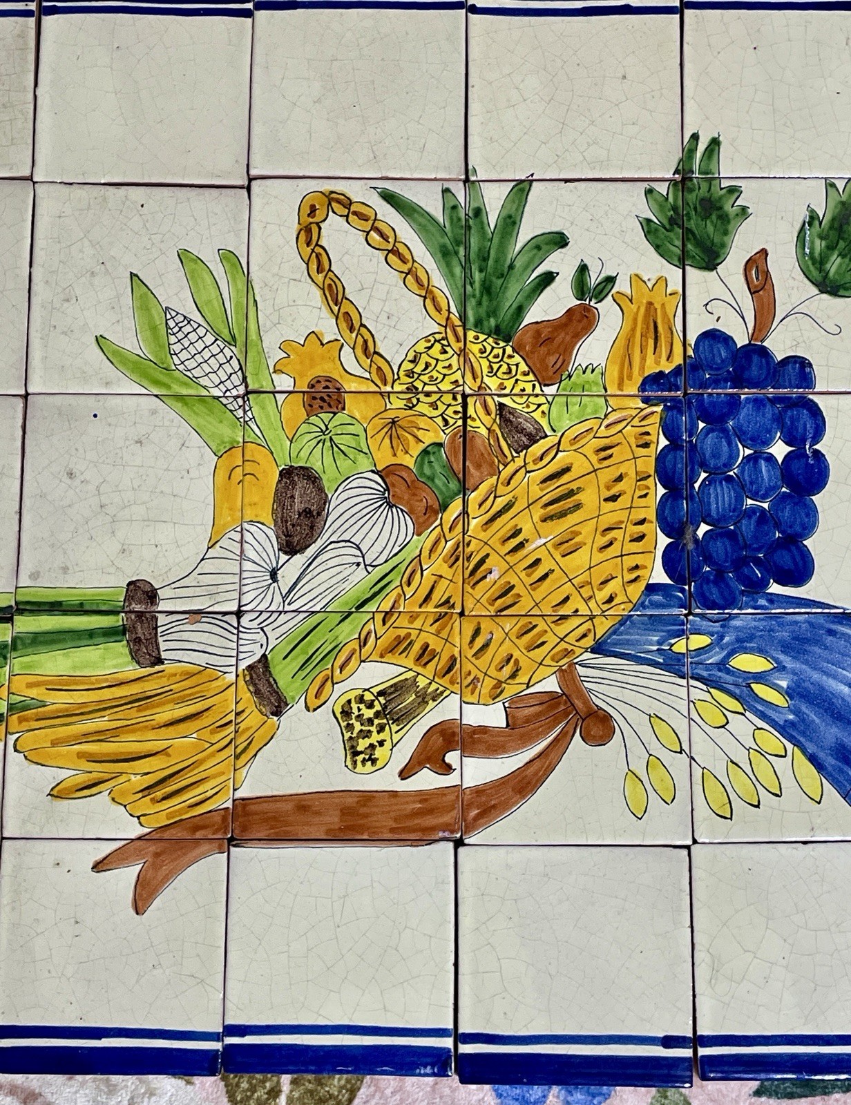 Vintage Mexican Talavera TILE MURAL Backsplash Fruit Basket 24”x20”