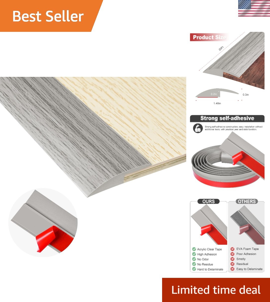 20Ft Self-Adhesive PVC Floor Transition Strip – Gray Forest, 5mm Height Limit