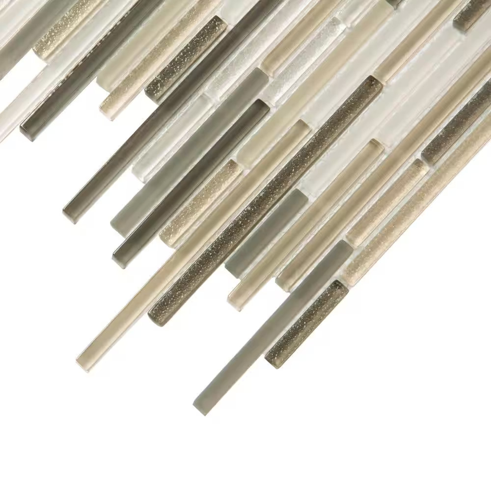 Waterfall Beige and White 11.8 In. X 11.8 In. Linear Glass Mosaic Floor and Wall