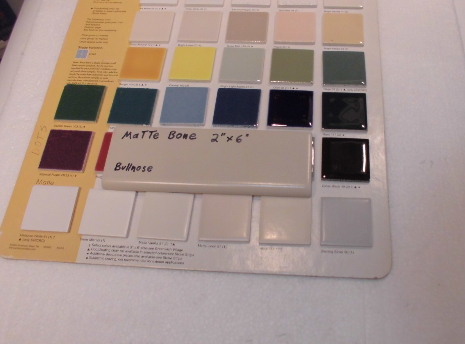 1 pc. Matte Bone – Almond: Ceramic Bullnose Tile 2” X 6” Flat-Surface Type, NEW