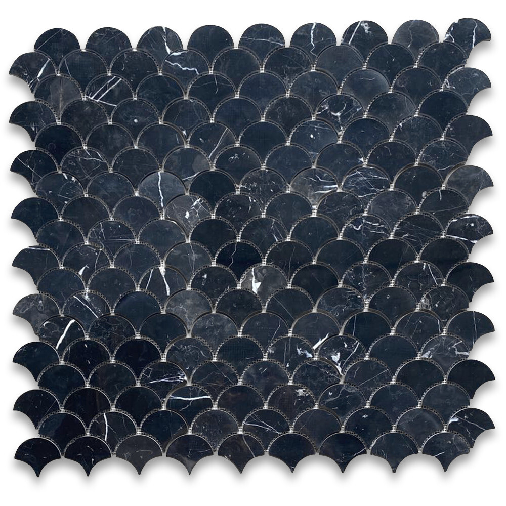 N993XP Nero Marquina Black Marble Fish Scale Fan Shape Mosaic Tile Polished