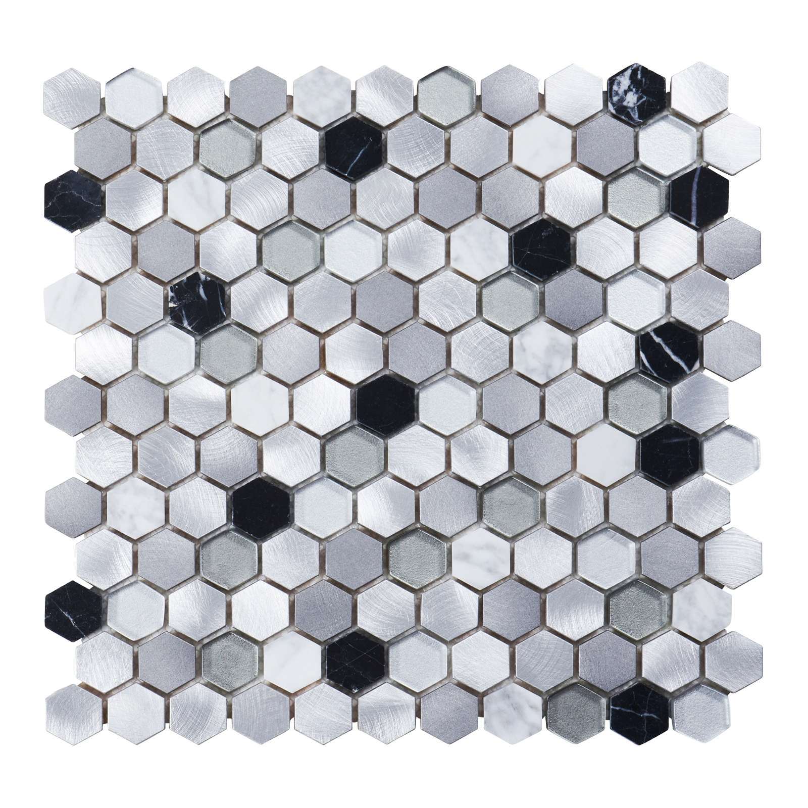 White Calacatta Black Marble Gray Glass Metal 1″ Hexagon Mosaic Tile Backsplash