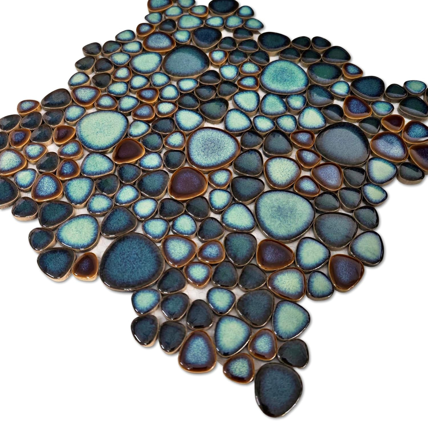 Teal Blue & Bronze Ceramic Pebble Mosaic Tile, 12×12 Sheet for Spa & Backsplash