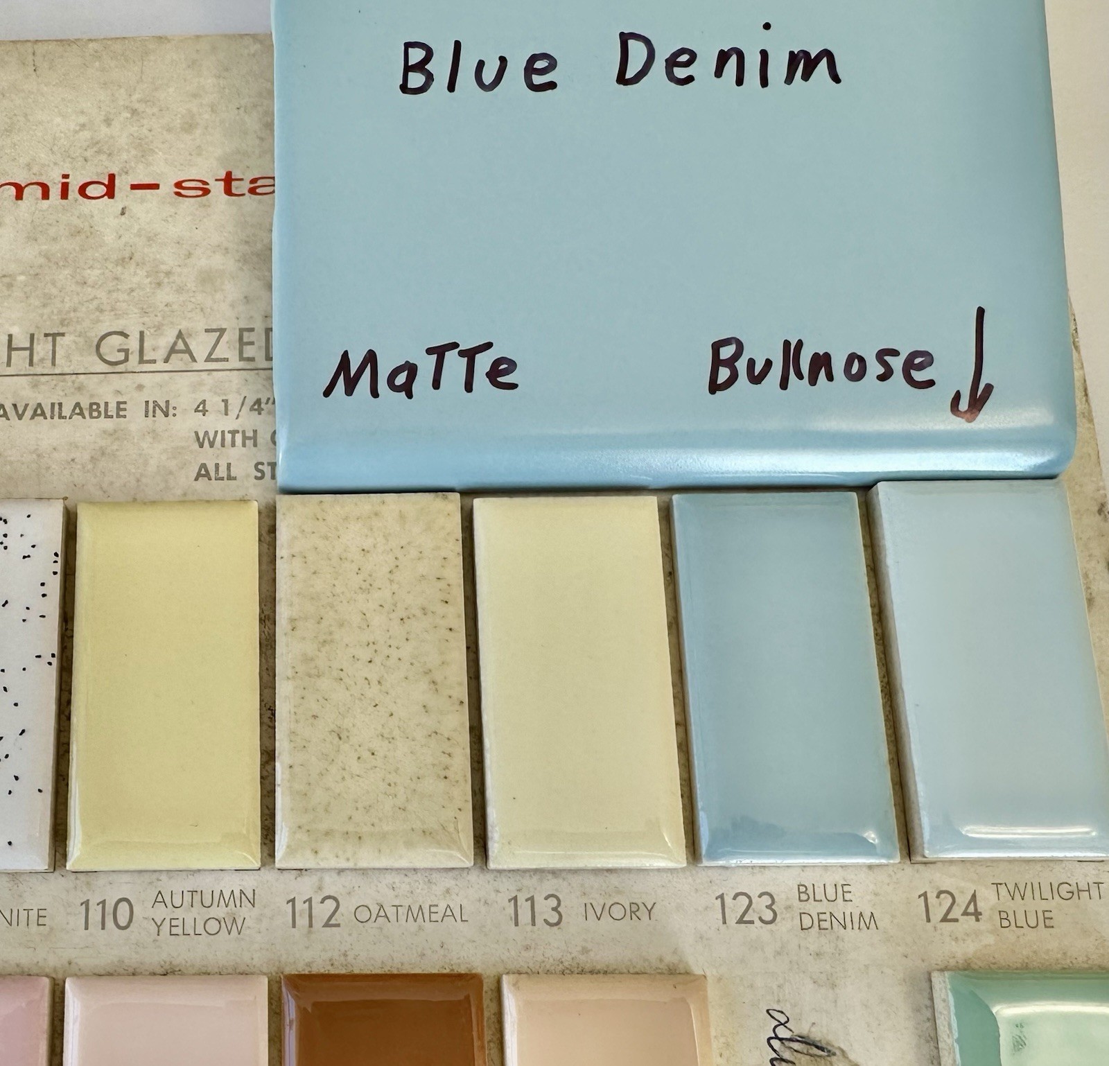 1 pc. Blue Denim: Bullnose Matte Ceramic Tile 4-3/8″ by Mid-State Co. NOS