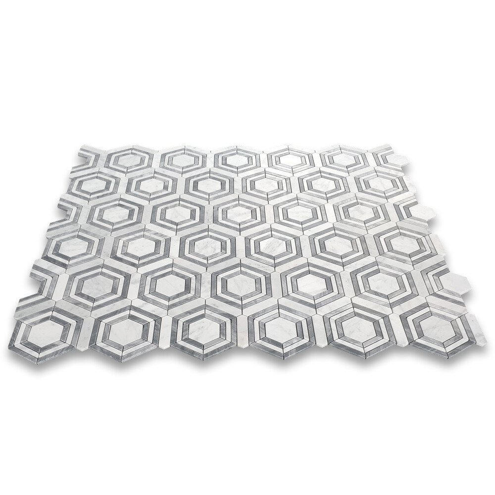 C33GXH Carrara White Gray Marble Hexagon Georama Geometric Mosaic Tile Honed