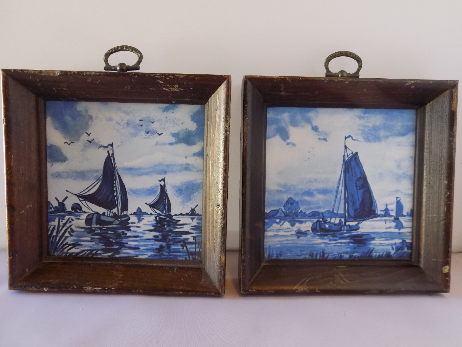 Set of 2 H&R Johnson Ceramic Tile Framed Blue Painted Sail Boats Ships Natutical