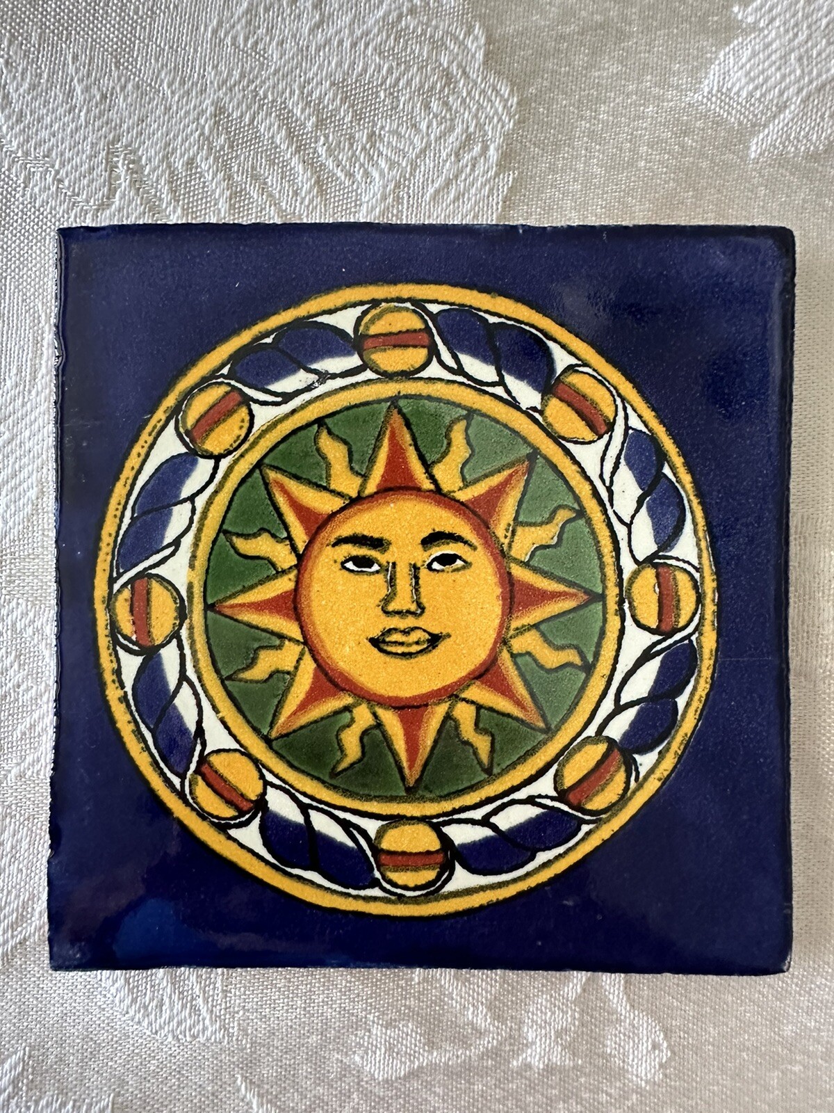 Mexican Red Clay Tile Folk Art Sun Handmade Talavera Backsplash Hand painted 4″