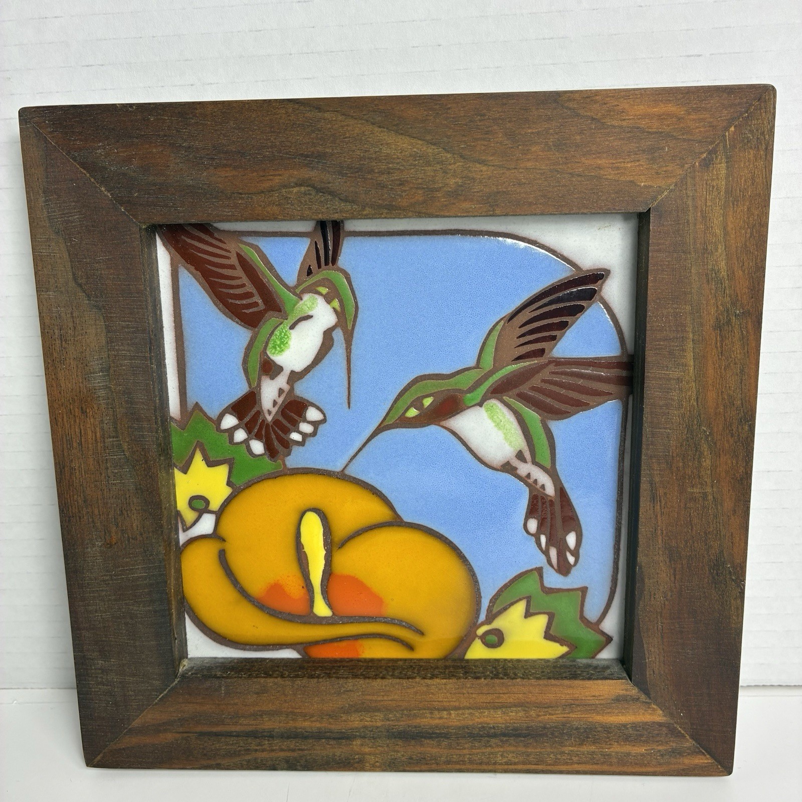 Hummingbirds & Flower Tile Art Framed Made in Italy 7 1/2 X 7 1/2 Wood Framed
