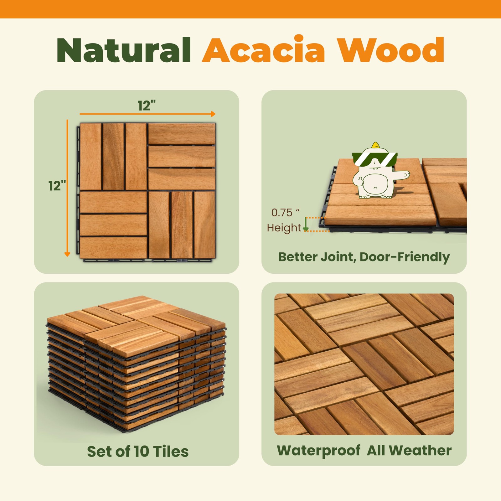 Jurax Premium Deck Tiles 10 Pcs 1212 Acacia Wood Interlocking Patio Tiles Snap