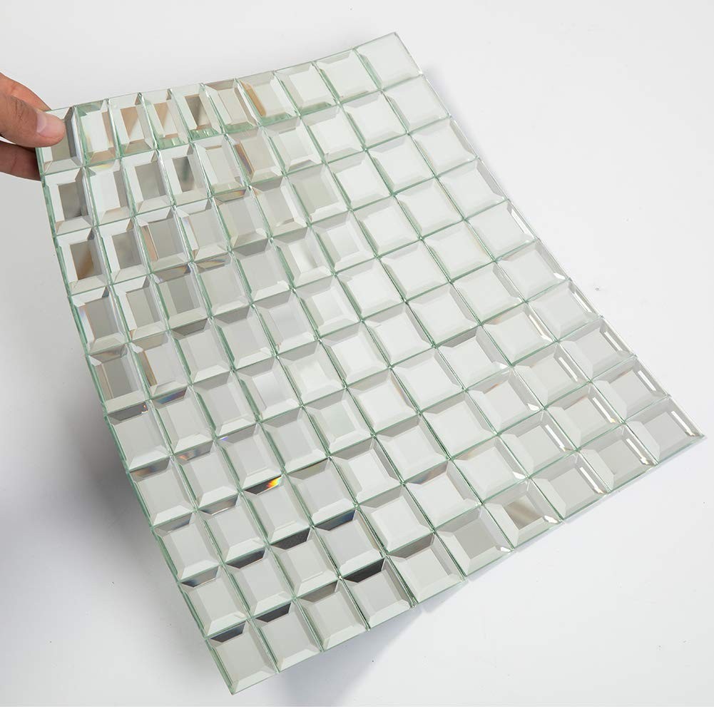 Beveled Silver Mirror Glass Mosaic Tile 12×12 Inch Backsplash – 5 Sheets for Kit