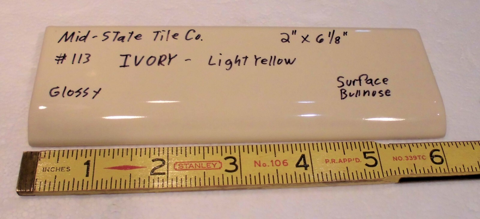 1 pc. Glossy *Ivory* 2” X 6” Bullnose Surface Flat Ceramic Tile, Light Yellow