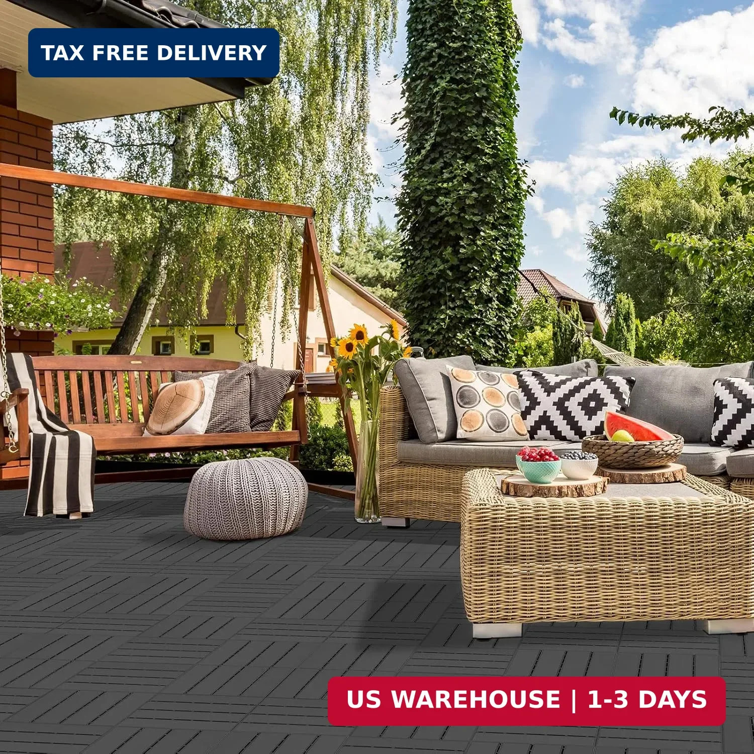 Goovilla Plastic Interlocking Deck Tiles, 9 Pack , 12″x12″ Waterproof Outdoor Fl
