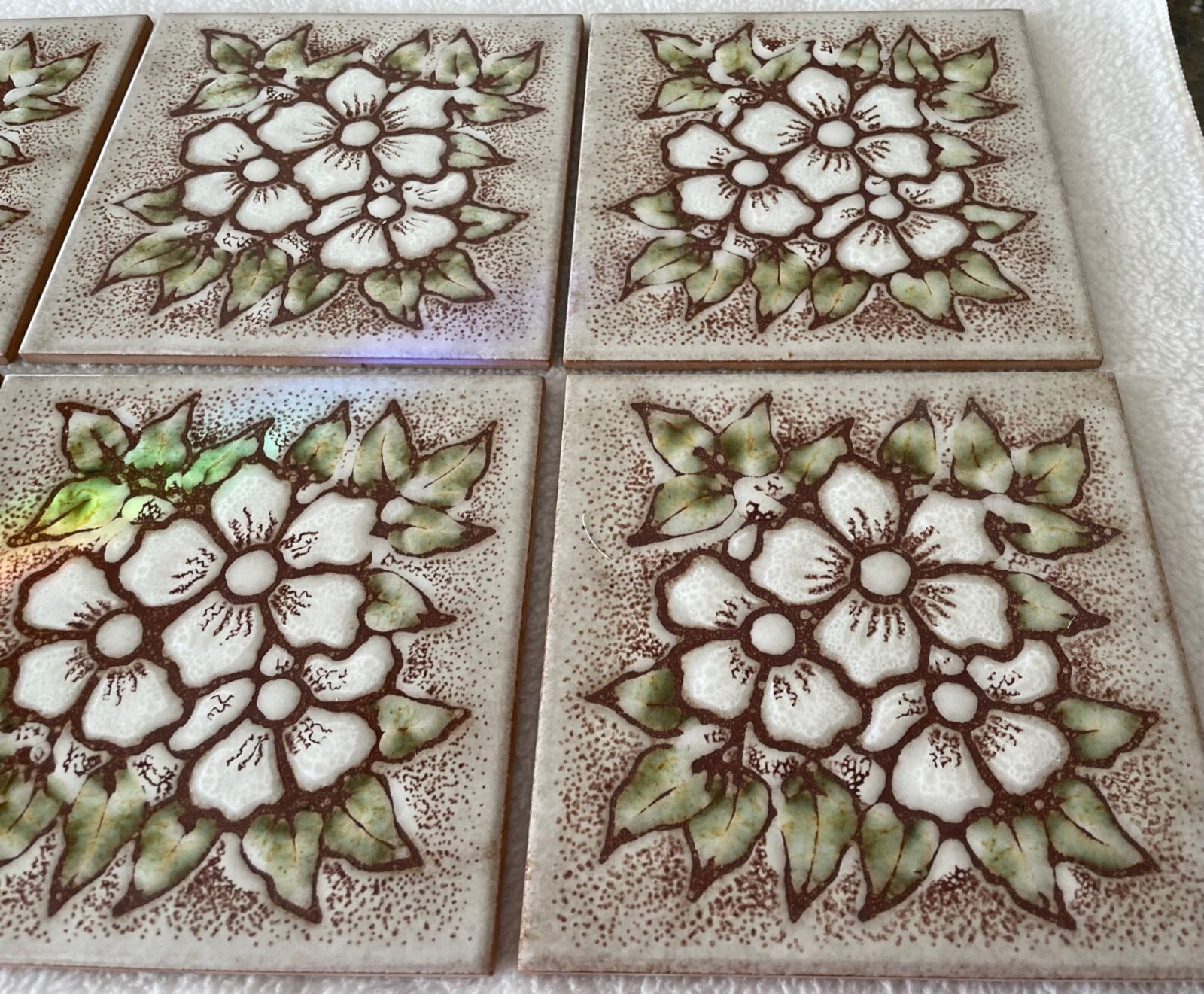 Six Vintage S. Marco Terra Cota or ceramic Decorative Wall Tiles, White Flowers