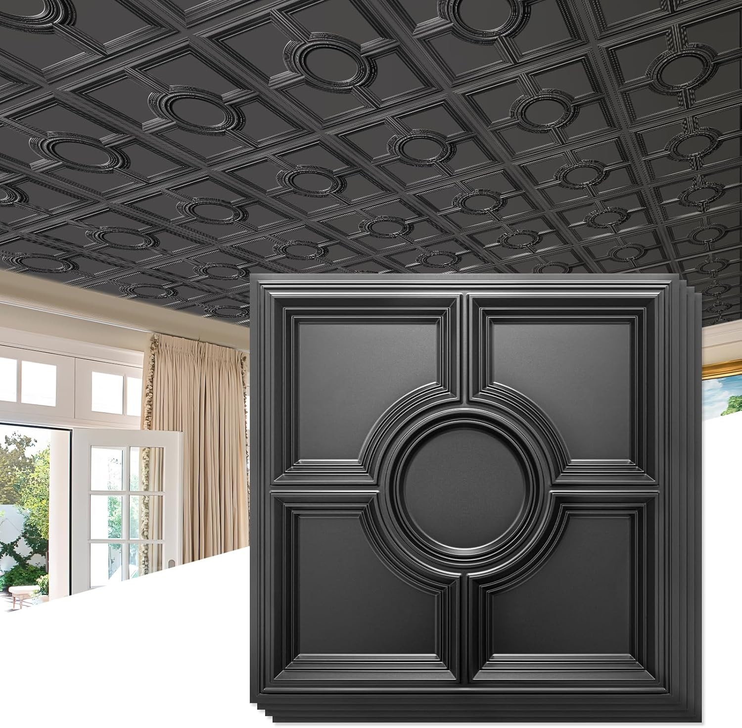 Black PVC Ceiling Tiles 2x2Ft Waterproof 12 Pack 48 SqFt Glue Up or Drop In