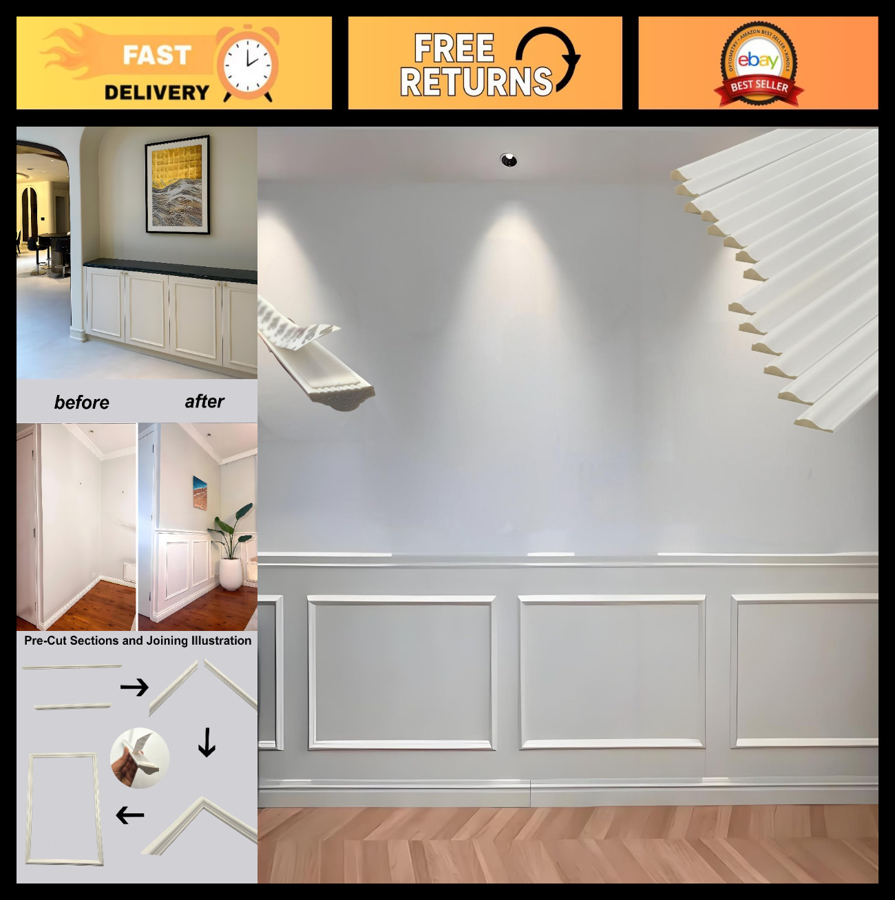 4 Set Peel & Stick Wall Molding Kit – Pre-Cut Mitered Trim for DIY Wainscoting,