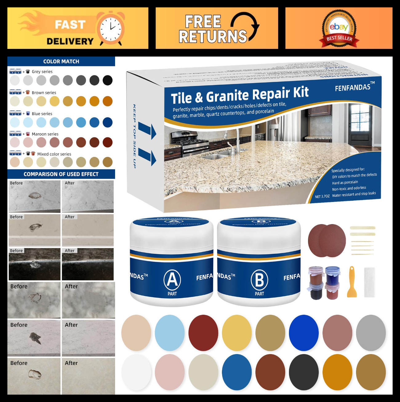 Tile & Granite Repair Kit – Fix Chips, Dents, Cracks & Scratches on Marble, Quar