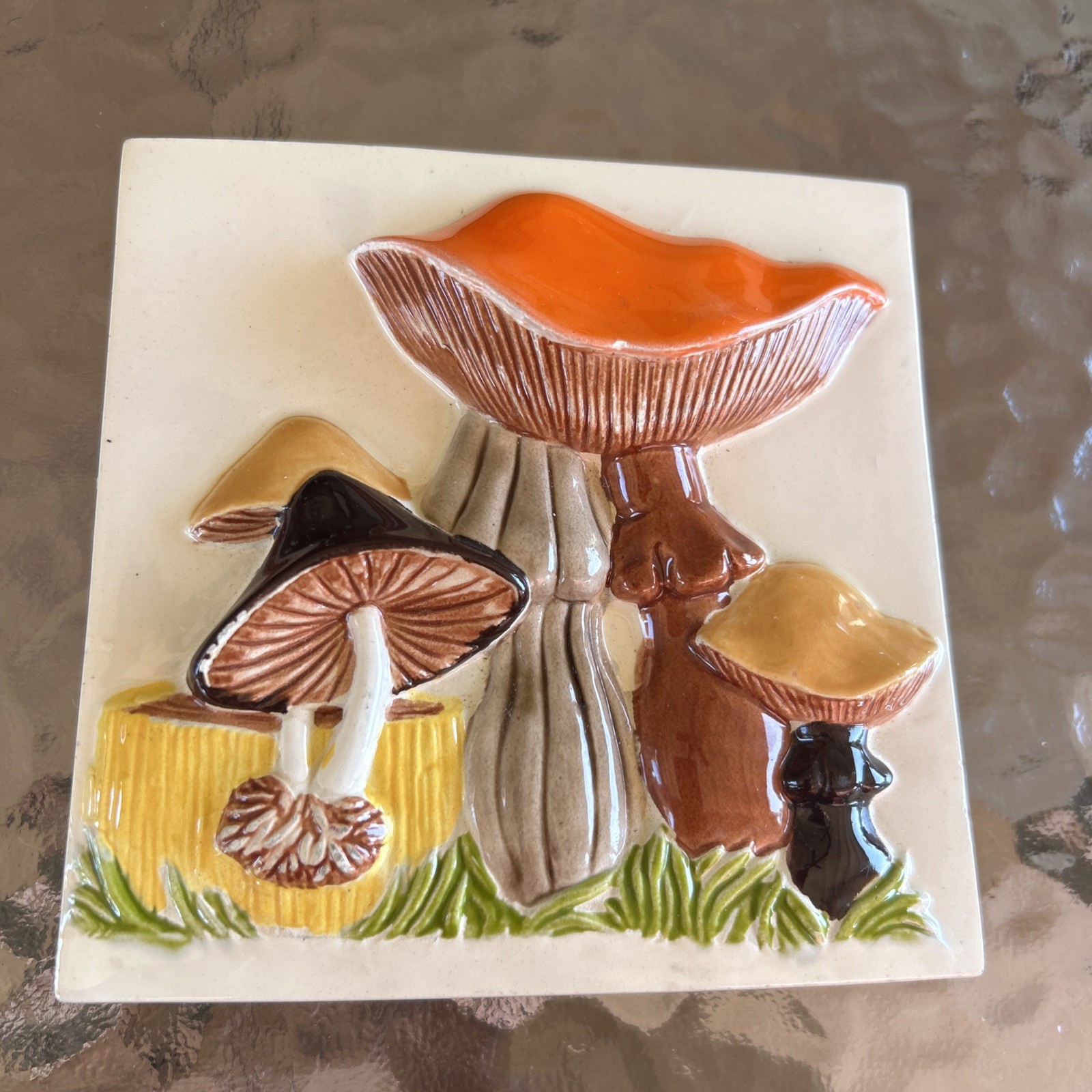 Vintage 1970s Lot of 3 Ceramic Wall Tiles Mushrooms 3 D Handmade 5″ Ivory/Brown