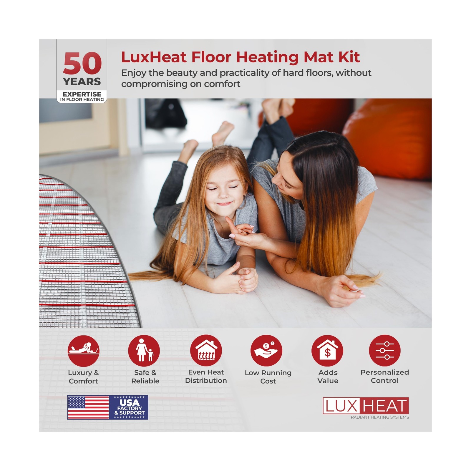 LuxHeat 30sqft Floor Heating Mat Kit – 120v Electric Radiant Heat Floor Ma