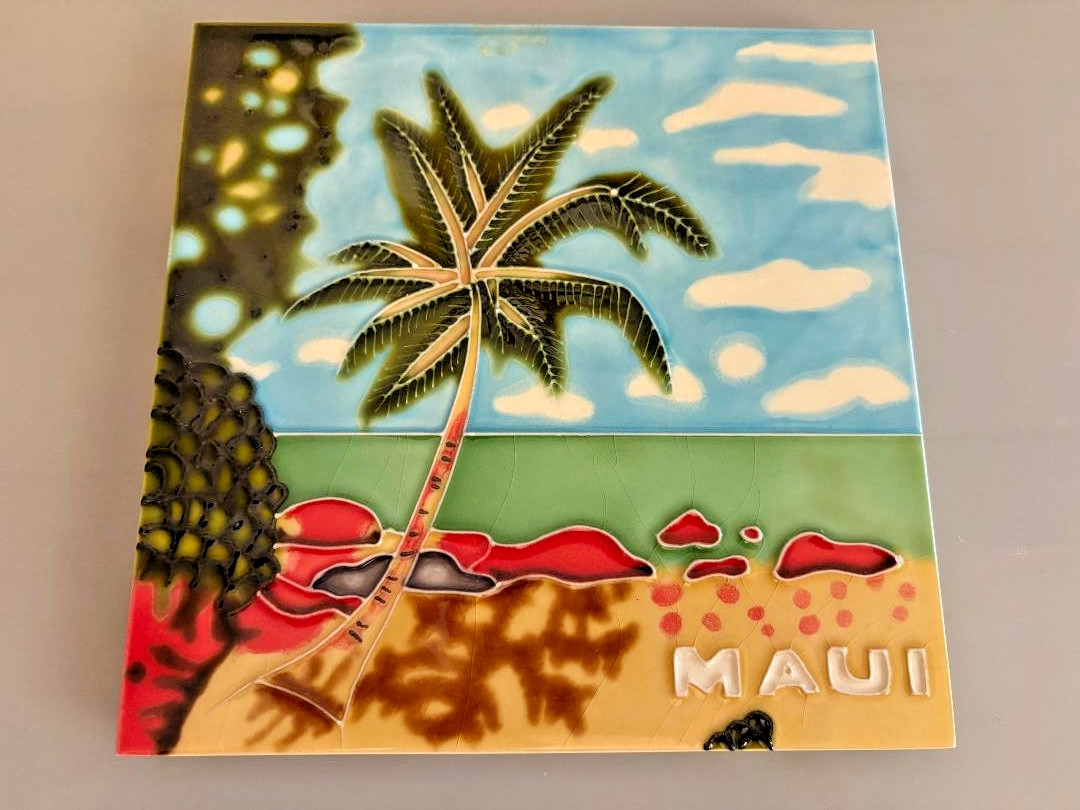 Decorative MAUI Wall Art Ceramic Tile 8″x8″ Palm Tree Beach Backsplash Trivet