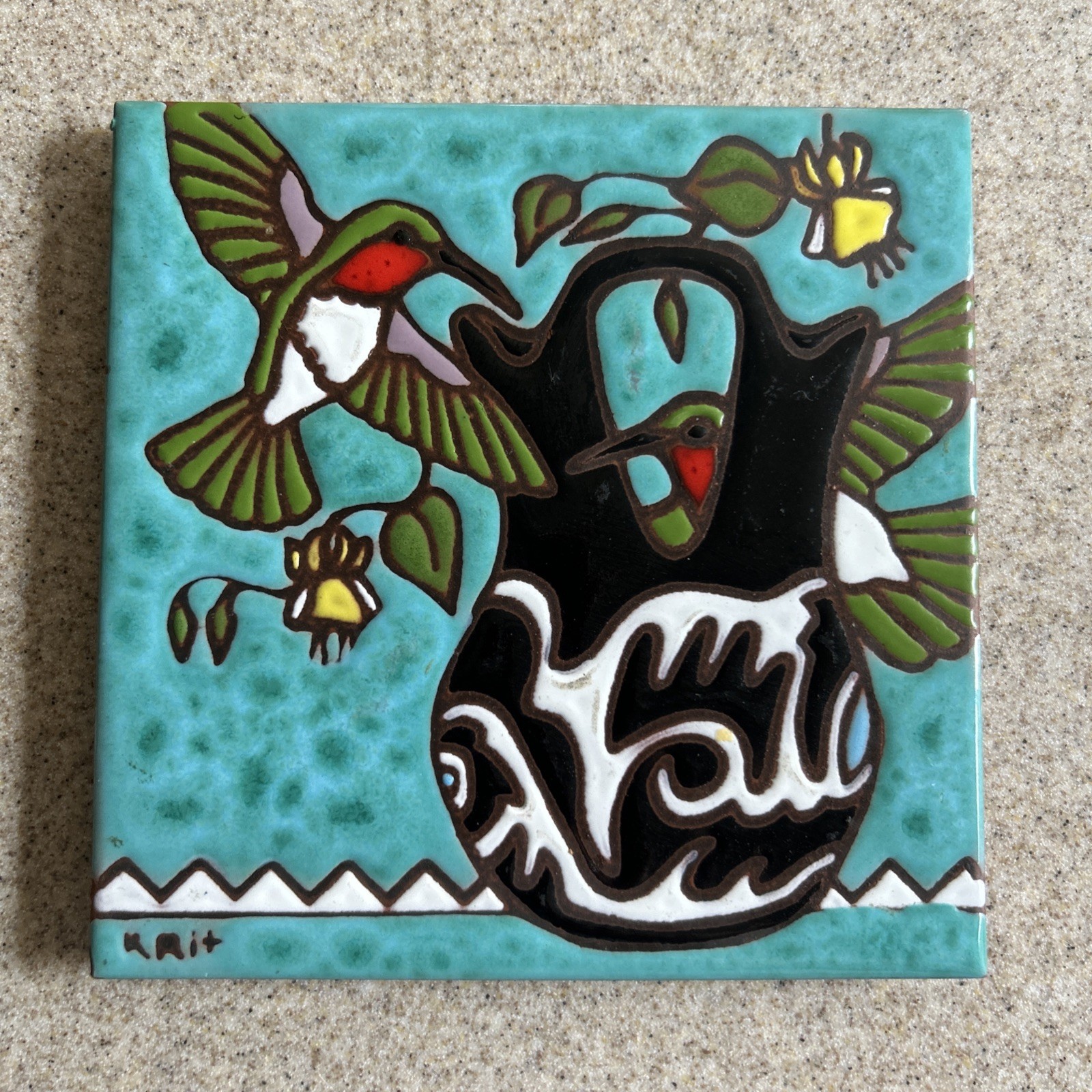 1995 Earthtones Hummingbird Ceramic Art Tile 6″x6″ Native American Wedding Vase