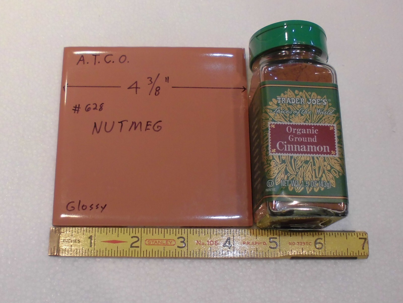 1 pc. Medium Brown – Nutmeg: 4-3/8″ Glossy Ceramic Tile by ATCO, New Old Stock