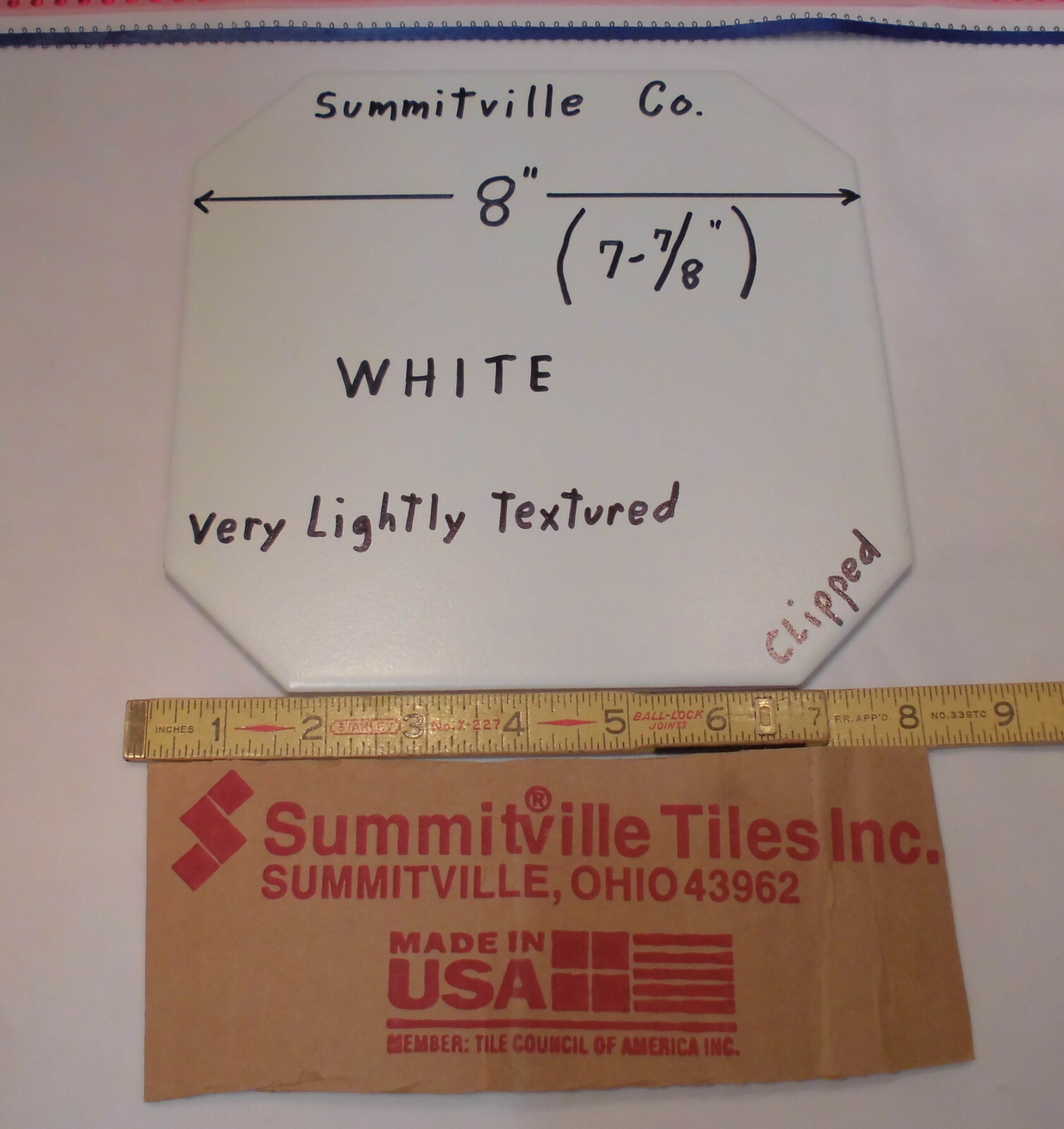 1 pc. CLIPPED 8″ White Ceramic Floor Tile: Smooth Matte Surface: New Old Stock