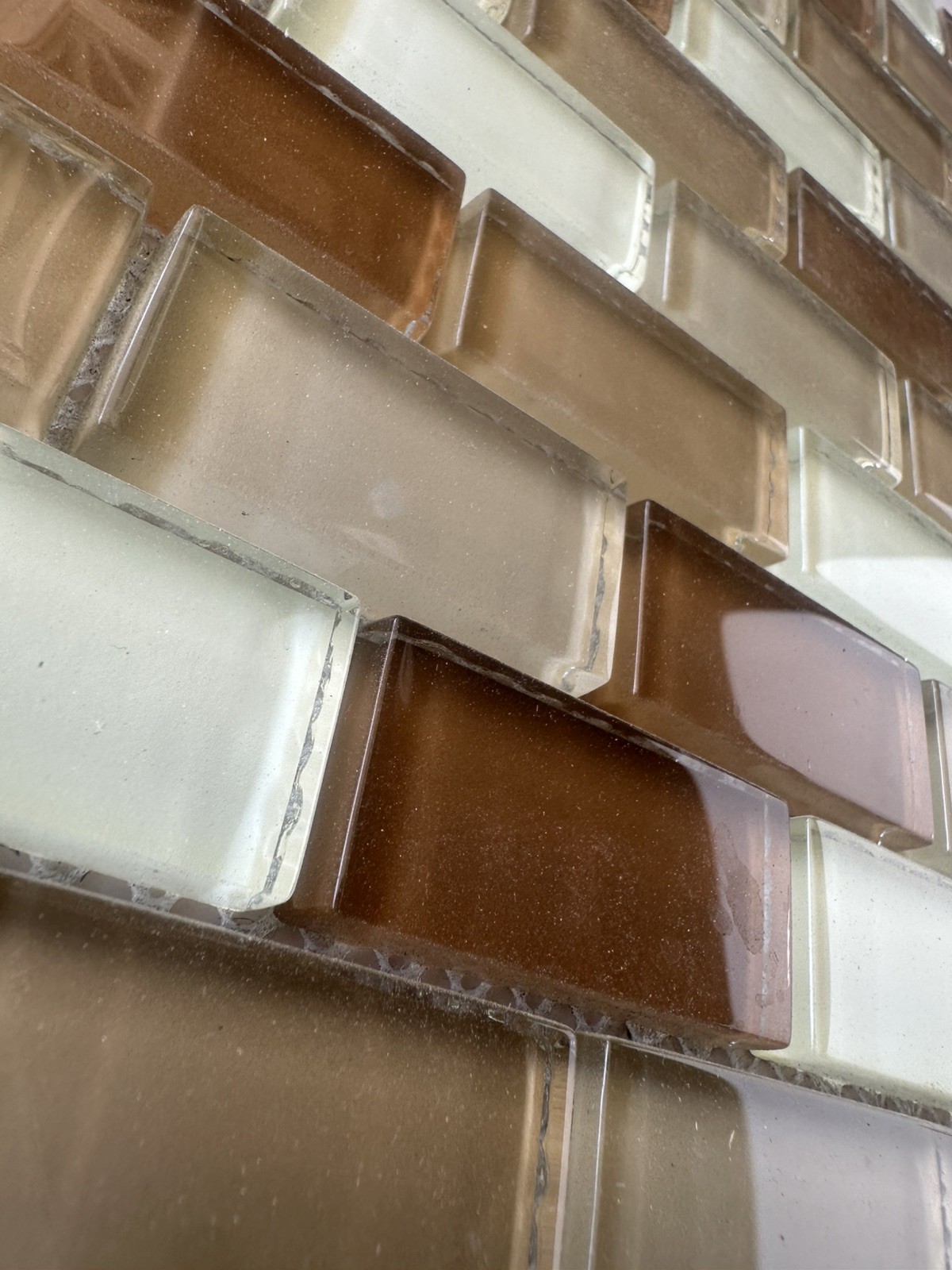 Light Beige 1×2 inch Mix Glossy Glass Mosaic Offset Mesh Mounted