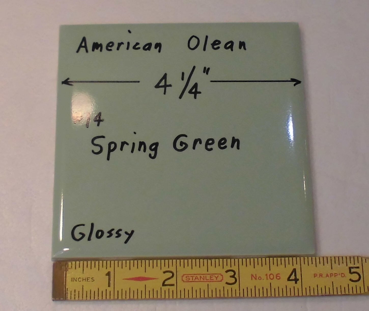 1 pc. Vintage Spring Green: 4-1/4″ Glossy Ceramic Tile by American Olean, NOS