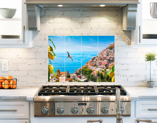 Positano Campania Mediterranean view Italy lemons ceramic tile mural backsplash