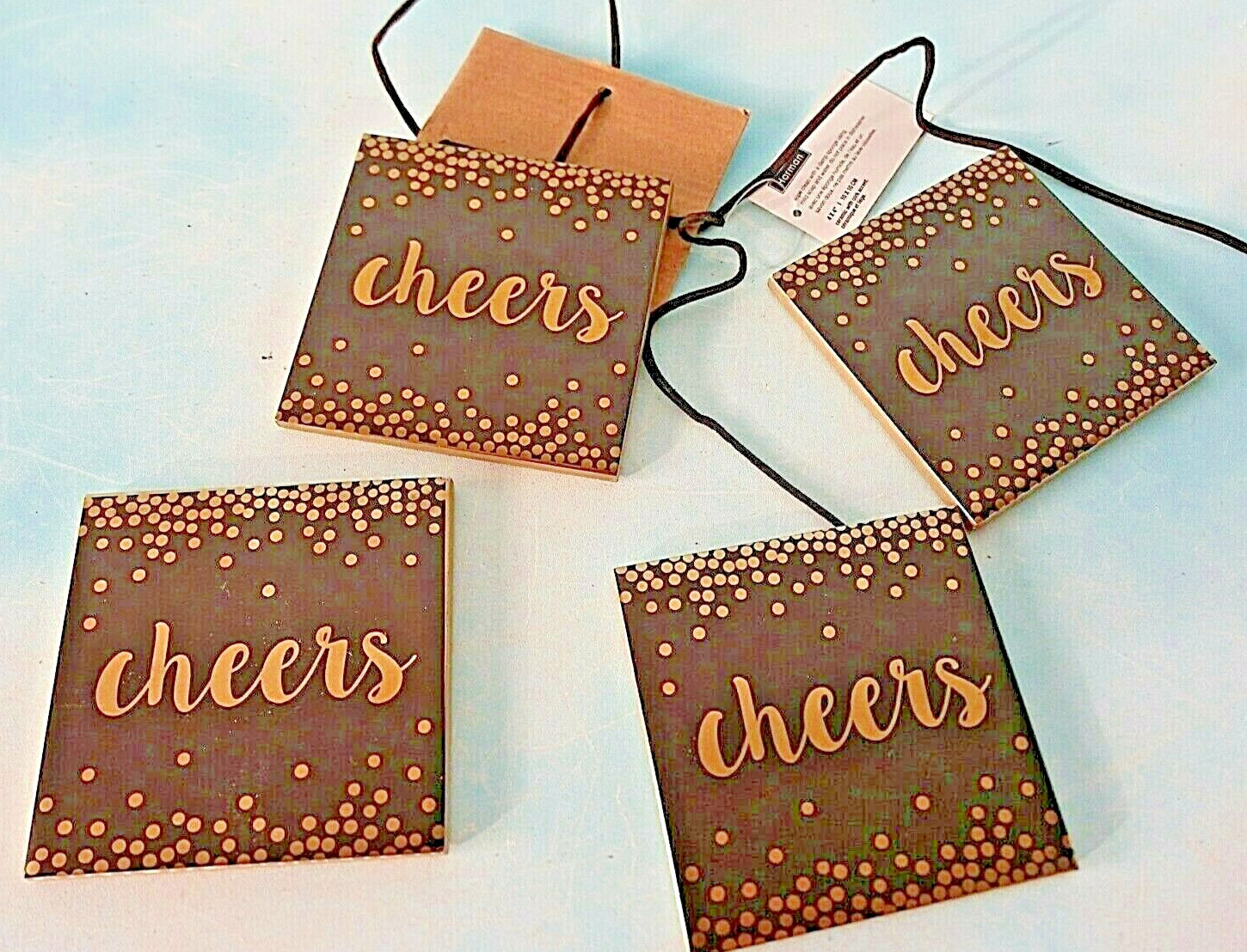 4 Harman Ceramic Drink Coasters Cork Back Black & Metallic Gold “Cheers” New