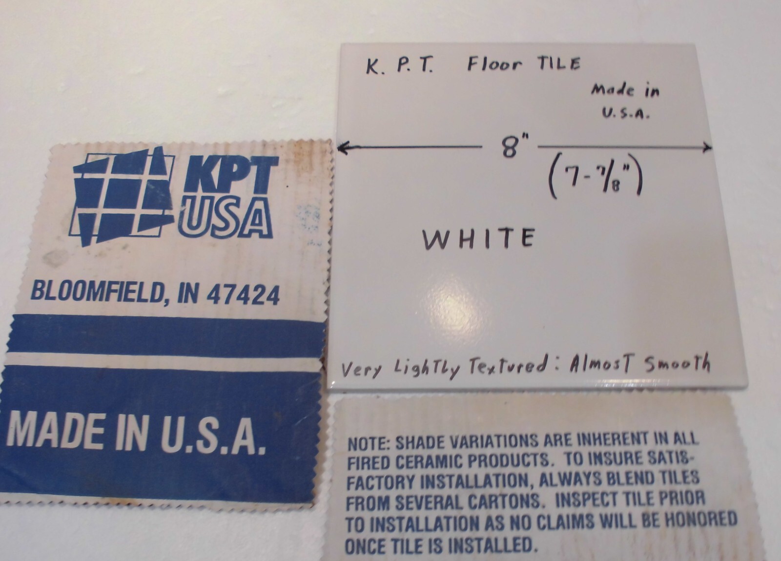 1 pc. Bright White Ceramic Floor Tile: 8″ X 8″ Smooth, Made USA by K.P.T. NEW