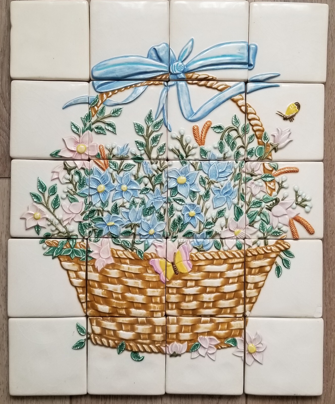 Ceramic Backsplash Tile Mural 3D HAND MADE Flower Basket Kitchen or Wall Install
