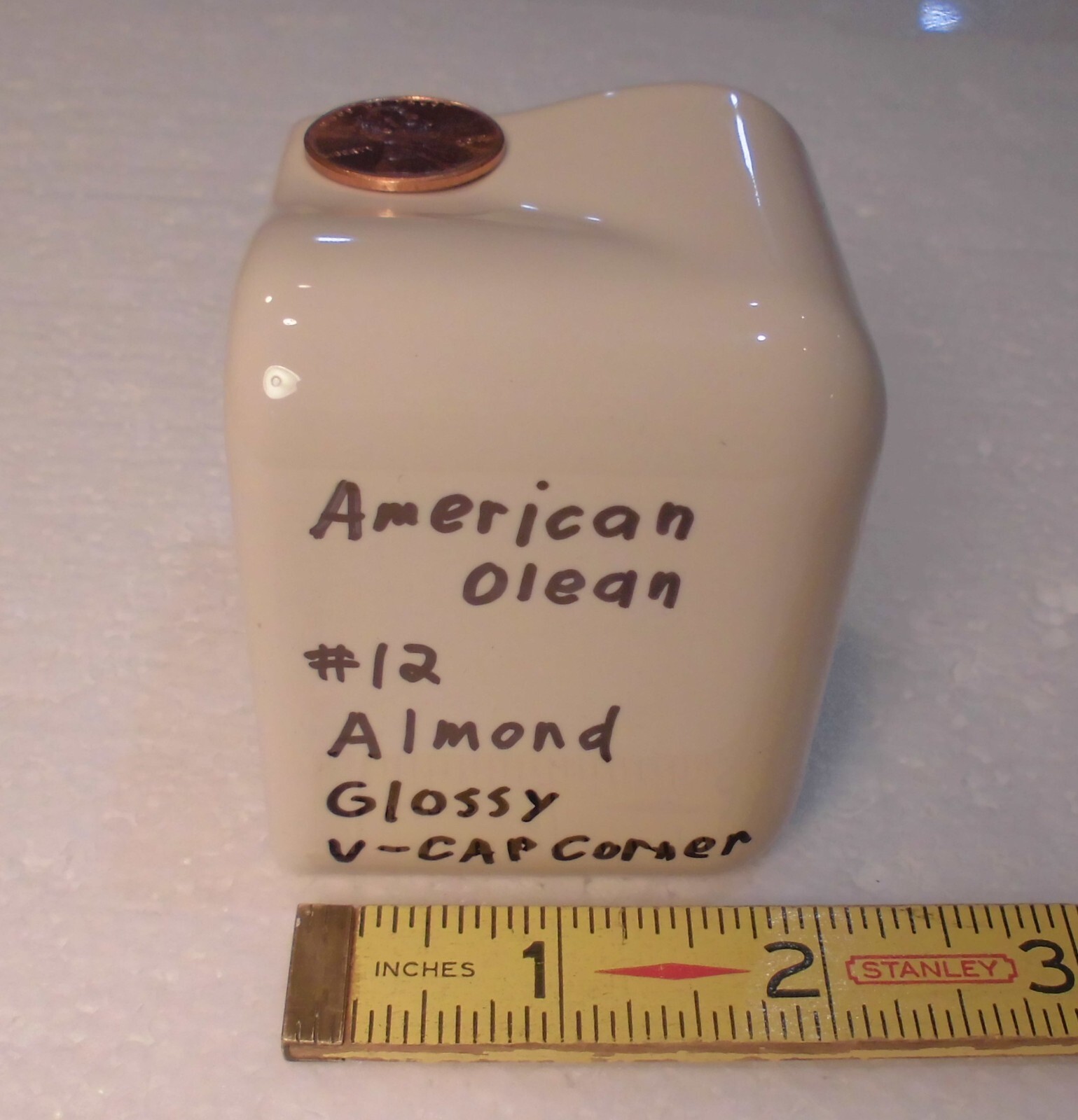 1 pc. Gloss Almond: #12: V Cap Corner Ceramic Trim Tile: Counter Edging, A.O.