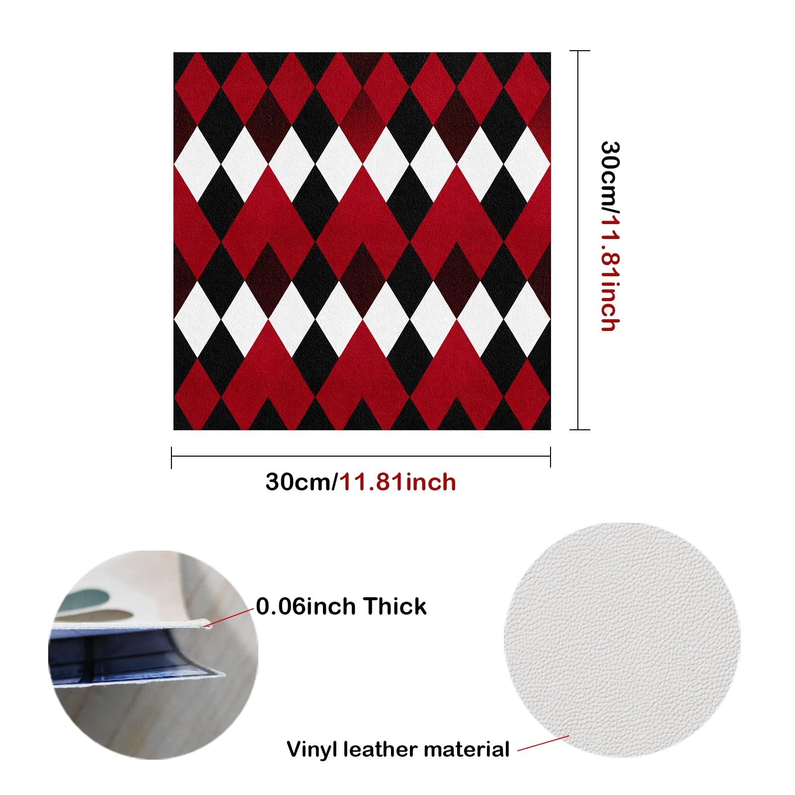 Peel and Stick Vinyl Floor Tiles, 11.8″x11.8″ Red & Black Argyle Pattern, 10-…