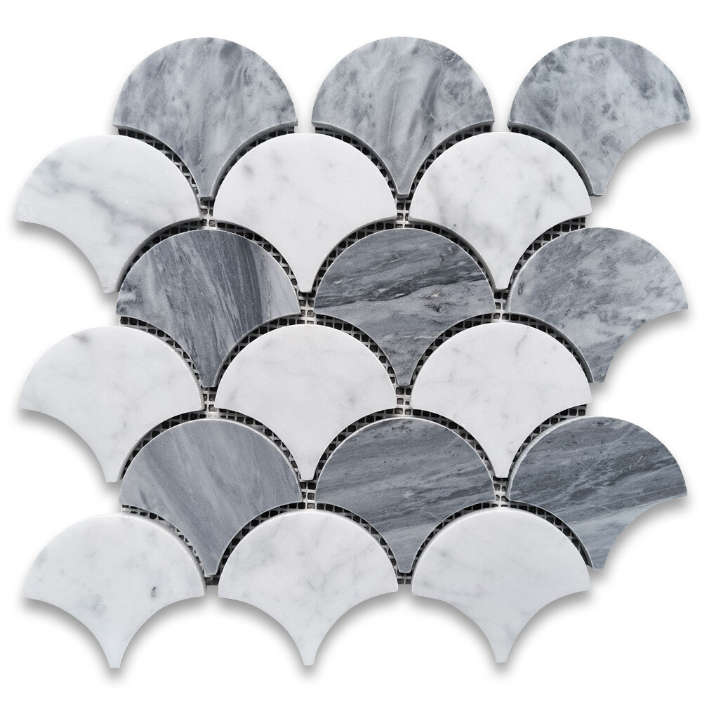 C9937XH Carrara White Bardiglio Gray Marble Fish Scale Fan Shape Mosaic Tile
