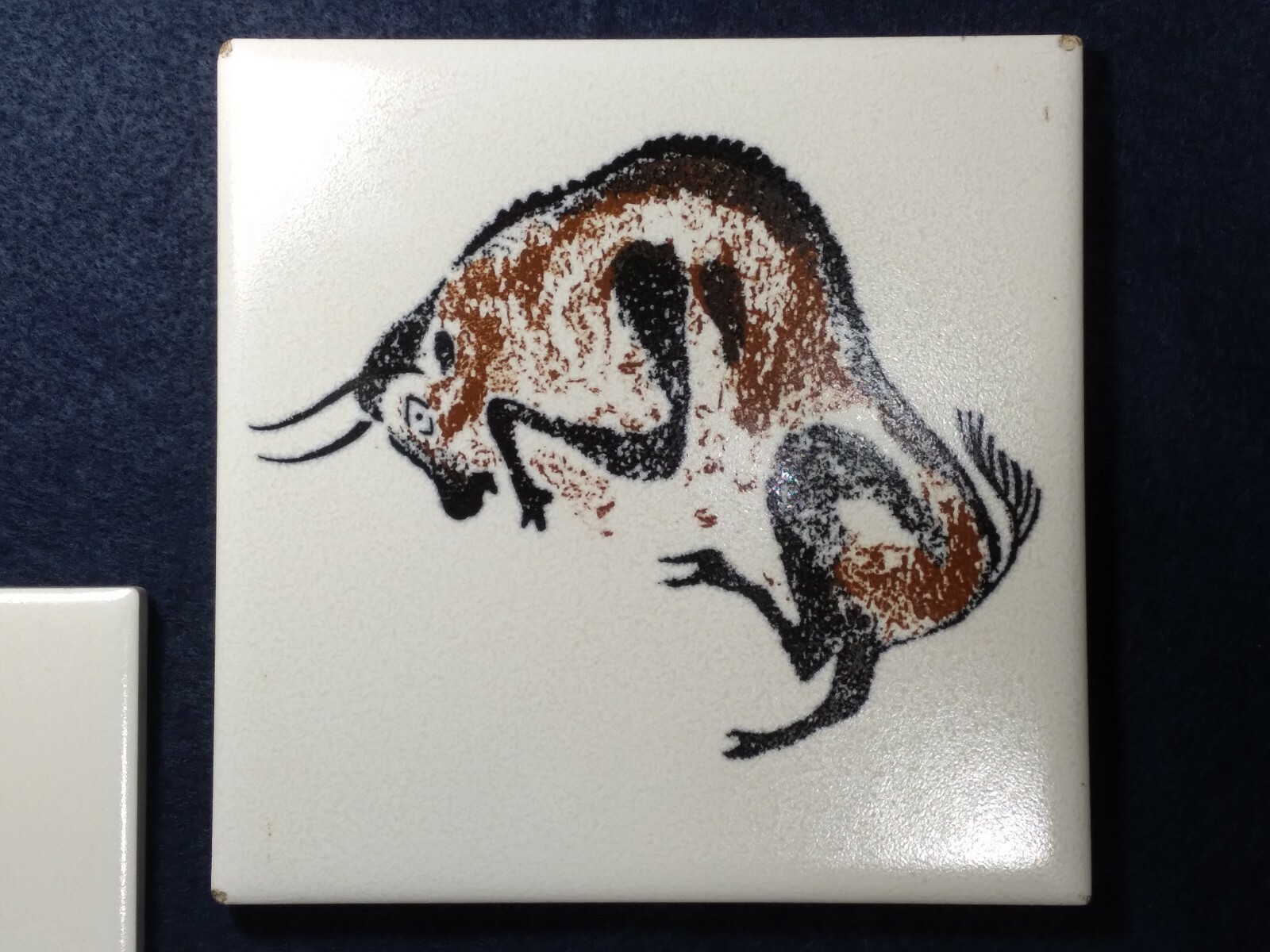 Pair Vintage France Lascaux Cave Painting Bison Decorative Ceramic Art Tiles 6″