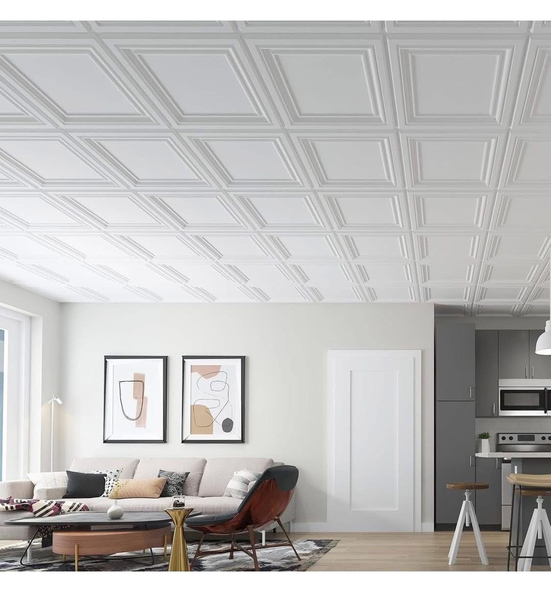 PVC Ceiling Tiles, 2’x2′ Plastic Sheet in White 12-Pack Glue Down