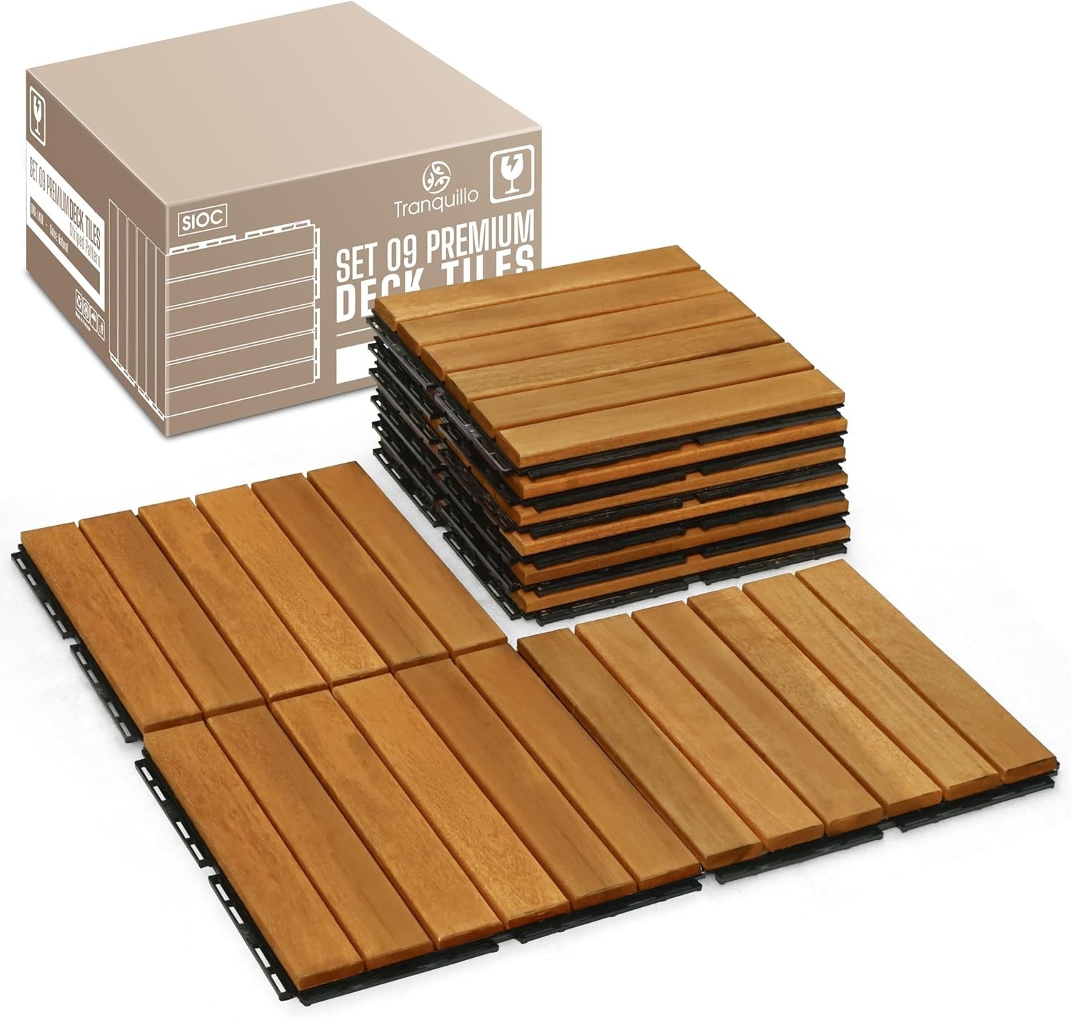 Non-Slip Acacia Wood Deck Tiles – Golden Striped, 12”x12”, 9 Pcs Easy Install