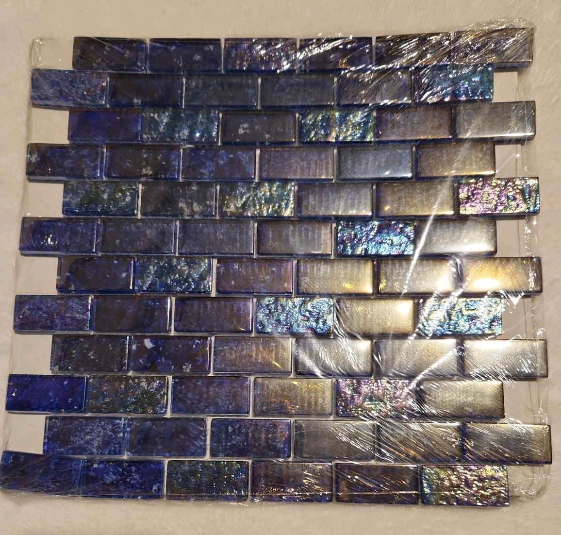 Iridescent Glass Tile 3 Sheets 3 Sq.ft. Blue Brick Mosaic From Soho Studio New