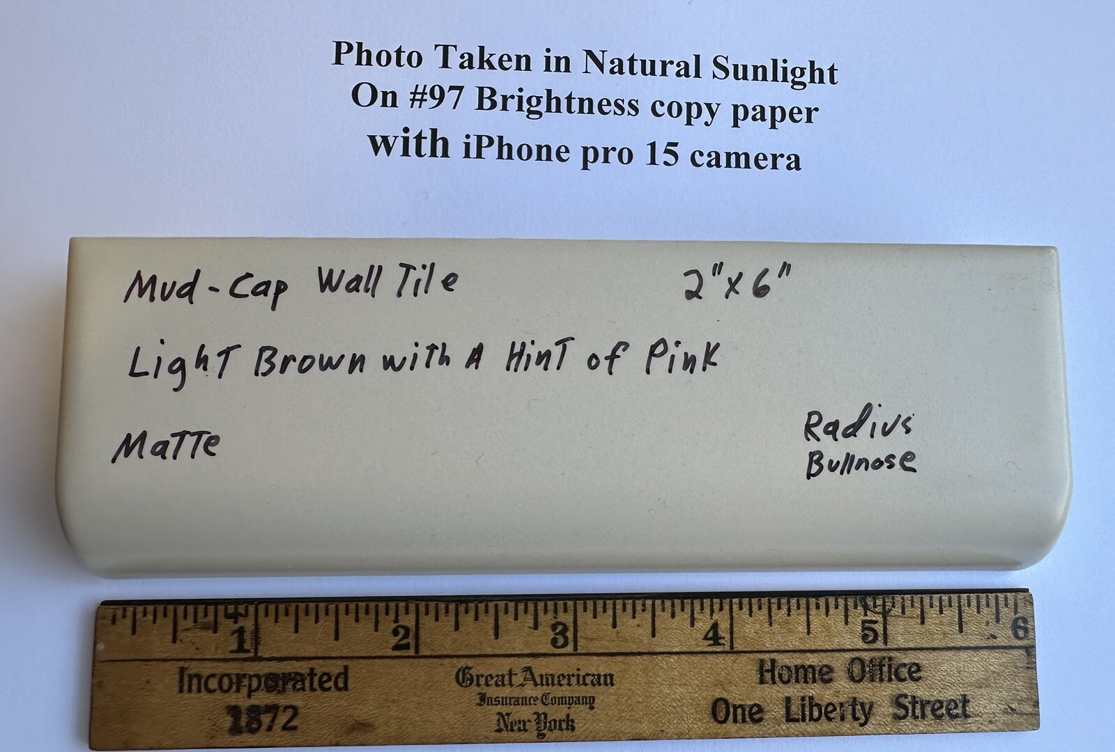 1 pc. Lite Brown+hint of pink: 2″ X 6″ X 5/8″ Matte Ceramic Radius Bullnose Tile